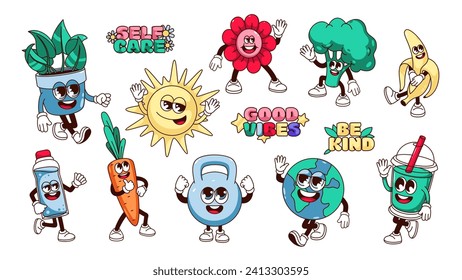 Groovy estilo de vida saludable personajes de caricaturas y stickers establecidos. Gracioso gimnasio retro kettlebell y botella de agua, mascotas de sol y flores, dibujos animados emoji vegetal saludable de 70's 80 ilustración vectorial