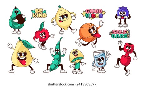 Groovy healthy lifestyle cartoon characters and stickers set. Funny retro healthy avocado and apple, lemon and peas, gym dumbbell and ball mascot cartoon collection of 70s 80s vector illustration
