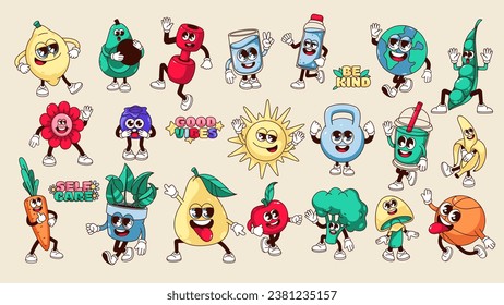 Groovy healthy lifestyle characters set vector illustration. Cartoon isolated retro emoji with funny faces, arms and legs, stickers of healthy food and sports gym equipment, motivation quotes