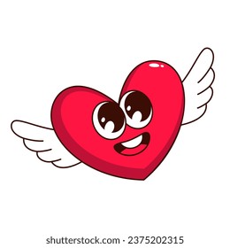 Groovy heart with angel wings vector illustration. Cartoon isolated retro cute sticker of funny red heart character flying, funky love emoji with psychedelic smile on face, mascot of Valentines Day