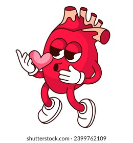 Groovy heart cartoon character blowing kiss. Funny healthy internal organ of cardiovascular system in love, happy retro heart cartoon mascot, body anatomy sticker of 70s 80s vector illustration