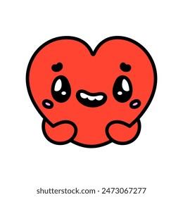 Groovy Heart character. Cute retro groovy sticker. Funny face emotion. Cartoon groovy love emoji. Comic happy heart character in trendy retro 60s 70s style. Vector isolated illustration