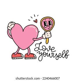 El carácter groovy del corazón se ve en el espejo con la cara feliz en el estilo retro de los 70 y la cita de la tipografía - Ama a ti mismo. Etiqueta aislada de época con mascota para imprimir. Ilustración vectorial de amor propio.