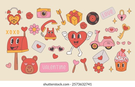 groovy, heart, character, mascot, hippy, illustration, doodle, sticker, cool, set, daisy, design, isolated, icon, conceptflower child, style, celebration, holiday, romantic, positive, face, gree