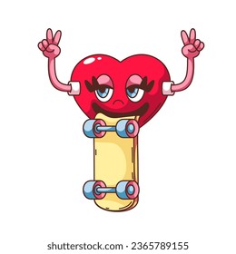 Groovy heart character on skateboard vector illustration. Cartoon isolated retro hippie mascot with funky heart face, victory and peace gesture skateboarding, love and good vibes symbol and y2k style
