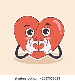 groovy heart character for Valentines day illustration. Retro cartoon style valentines day.