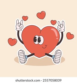 groovy heart character for Valentines day illustration. Retro cartoon style valentines day.