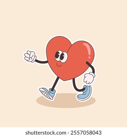 groovy heart character for Valentines day illustration. Retro cartoon style valentines day.