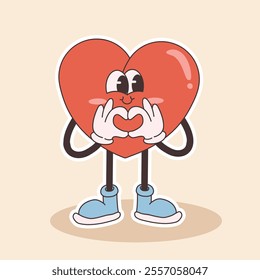 groovy heart character for Valentines day illustration. Retro cartoon style valentines day.