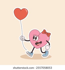 groovy heart character for Valentines day illustration. Retro cartoon style valentines day.