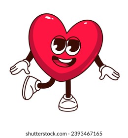 Groovy heart character vector illustration. Cartoon isolated retro Valentines day sticker, patch of love and birthday gift with funny cute red bright heart, romantic mascot with happy face walking