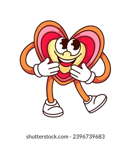 Groovy heart character vector illustration. Cartoon isolated retro love gift sticker of Valentines day mascot, heart with pink and red frames inside, funny smile and happy surprised expression on face