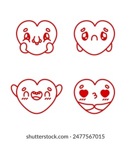 Groovy heart characters. Love concept. Valentines day characters. Funky happy heart character in trendy retro cartoon style. Happy, Smiling, In Love, Sad Stickers. Vector illustration in red colors
