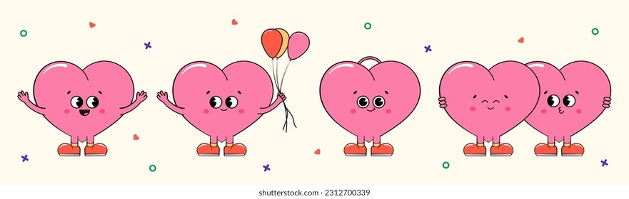 Groovy heart characters in retro style. Hearts for heart and valentine's day. Clockwork characters in different poses. Vector illustration in y2k style.