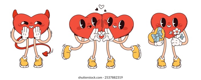 Groovy heart characters set isolated on white background. Contemporary vector cartoon illustration of y2k love mascot in devil costume, holding gift and flowers, couple hugging, Valentine Day symbol