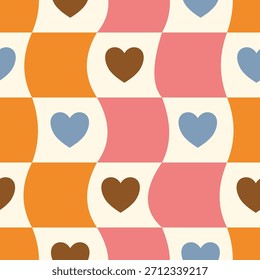 Patrón sin fisuras del tablero de ajedrez del corazón groovy. Diseño plano de Vector de rejilla ondulado deformado con cuadrados distorsionados para un fondo de ilusión óptica funky y un San Valentín retro.