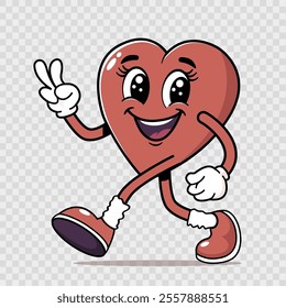 Groovy heart cute cartoon character in retro style with peace gesture. Valentine's day mascot with face, arms, legs. Romantic vector concept on transparent background retro heart Hippie 60s and 70s