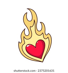 Corazón gruñón con ilustración del vector de fuego. Caricatura aislada quemando emoji de corazón rojo para el Día de San Valentín, símbolo de amor y pasión, romance y boda, pegatina psiquédelica enloquecida y candente