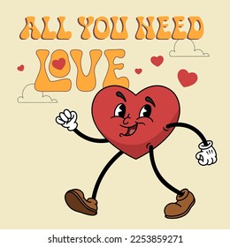 Groovy heart mascot character. Retro cartoon style. Walking cute cartoon heart mascot. Best for valentines day greeting cards. Vector illustration.