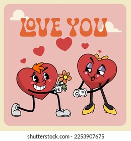 Groovy heart mascot characters. Retro cartoon style. Cute cartoon love scene. Best for valentines day greeting cards. Vector illustration.