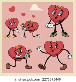 Groovy heart mascot characters set. Retro cartoon style. Cute cartoon love scenes. Best for valentines day greeting cards. Vector illustrations collection.