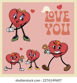 Groovy heart mascot characters set. Retro cartoon style. Cute cartoon love scenes. Best for valentines day greeting cards. Vector illustrations collection.