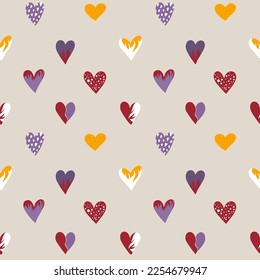 Groovy heart Seamless Pattern. Hippie Retro Style for Print on Textile, Wrapping Paper, Web Design and Social Media. Pink and Purple Colors.
