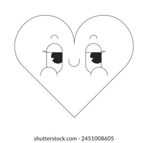 Groovy heart smiling black and white 2D vector avatar illustration. Valentines day outline cartoon character face isolated. Loved heartshaped personage. Hippie 70s flat user profile image, portrait