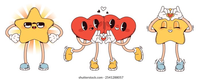 Ilustração retrô de Groovy Heart and Star. Vintage dia de namorados elemento com amor expressão emoticon. Feliz e sorrir personalidade psicodélica para festa displicente. Mascote brincalhão amarelo