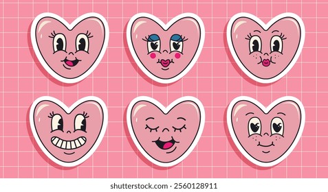 Groovy heart sticker set. Pink hearts with faces. Funny characters in trendy retro style. Cute emoji. Happy Valentines day. Vector illustration on a pink background.