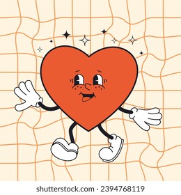 Groovy heart trendy retro cartoon style. Cute character for Valentine's day card, poster, print, party invitation, background.
