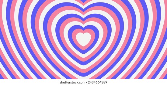 Groovy heart tunnel background. Retro hypmotic  illustration with blue, pink, white colors. Romantic psychedelic cover design 2000s. Vector