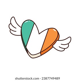Groovy heart with wings and Irish flag vector illustration. Cartoon isolated retro psychedelic sticker of St Patricks Day, love of peace mascot, flying funny heart in national colors of Ireland