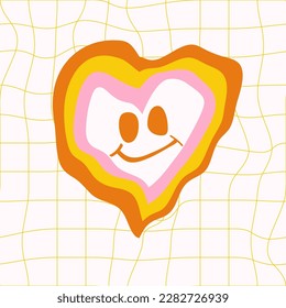 Fondo vectorial sicodélico del corazón gruñón Y2K.  Patrón de sonrisa en
Estilo Retro Disco de los años 70. Verano divertido abstracto de la estética moderna.
Afiche de marco mural, banner o plantilla de medios sociales