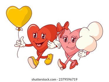 Groovy hearts character sticker. Valentines day. Retro vector illustration for poster, postcard, banner.