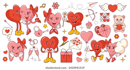 Groovy hearts character stickers set. Valentine's day. Retro vector illustration for poster, postcard, banner. Trendy retro style 60s, 70s.