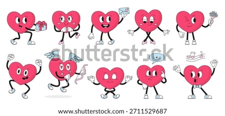 Groovy hearts characters. Retro style heart various poses. Valentines day character in love, romantic mood, cute Cupid. Funny mascots neoteric vector set