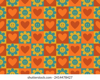 Groovy Hearts and flowers Seamless Pattern. Vector Background in 1970s-1980s Hippie Retro Style for Print on Textile, Wrapping Paper, Web Design and Social Media. Pink and Purple Colors.
