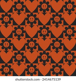 Groovy Hearts and flowers Seamless Pattern. Fondo vectorial en las décadas de 1970-1980, estilo retro hippie para la impresión en textiles, papel de ajuste, diseño web y medios sociales. Colores rosa y morado.