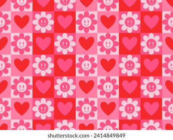 Groovy Hearts and flowers Seamless Pattern. Vector Background in 1970s-1980s Hippie Retro Style for Print on Textile, Wrapping Paper, Web Design and Social Media. Pink and Purple Colors.