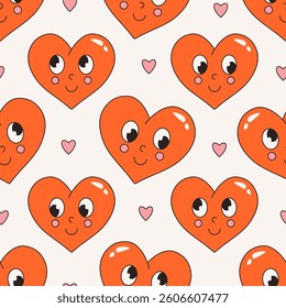 Groovy hearts pattern. Seamless funky heart print, funky psychedelic retro 70s 80s love symbols, hippie pop art repeated background for wrapping paper fabric wallpaper. Vector texture.