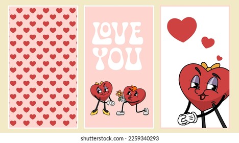 Groovy hearts posters template. Love concept. Valentines day greeting card in trendy retro 20s 30s cartoon style. Vector illustration.