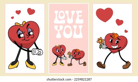 Groovy hearts posters template. Love concept. Valentines day greeting card in trendy retro 20s 30s cartoon style. Vector illustration.