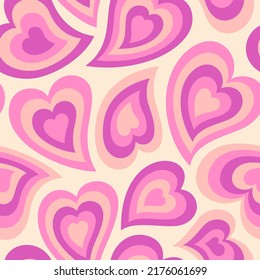 Groovy Hearts Seamless Pattern  Psychedelic Distorted Vector Background in 1970s  1980s Hippie Retro Style for Print Textile  Wrapping Paper  Web Design   Social Media  Pink   Purple Colors 