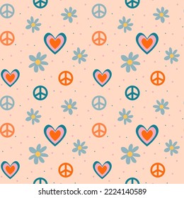 Groovy hearts seamless pattern. Psychedelic distorted vector background in 1970s-1980s hippie retro style for wrapping paper, web design and social media. Pink and purple colors, print on textile.