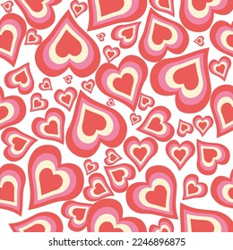 Groovy hearts seamless pattern. Psychedelic distorted hearts in 70s, 80s. Design for pint,textile, wrpping paper,web.Vector illustration