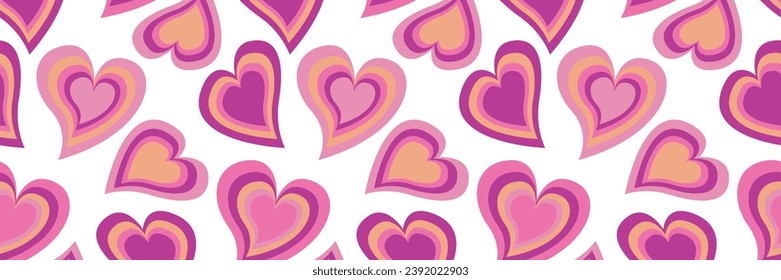 Groovy Hearts Seamless Pattern. Psychedelic Distorted Background in 1970s 1980s. Hippie Retro Print for Textile, Wrapping Paper, Web Design and Social Media. Pink and Purple Colors