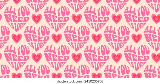 Groovy Hearts Seamless Pattern. Psychedelic Distorted Vector Background in 1970s-1980s Hippie Retro Style for Print on Textile, Wrapping Paper, Web Design and Social Media. Pink and Purple Colors.