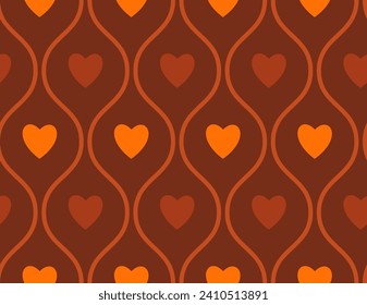 Groovy Hearts Seamless Pattern. Psychedelic Distorted Vector Background in 1970s-1980s Hippie Retro Style for Print on Textile, Wrapping Paper, Web Design and Social Media. Pink and Purple Colors.