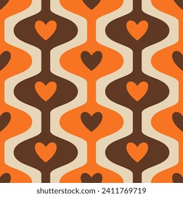 Groovy Hearts Seamless Pattern. Psychedelic Distorted Vector Background in 1970s-1980s Hippie Retro Style for Print on Textile, Wrapping Paper, Web Design and Social Media. Pink and Purple Colors.